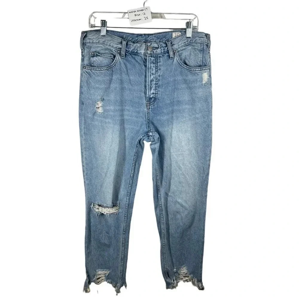 we the free mid rise regular jeans distressed raw hem size 30 light‎ wash
